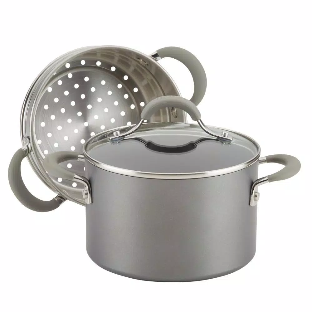 Circulon Elementum 3 Qt. Hard-Anodized Nonstick Covered Multipot with Steamer Insert, Oyster Gray