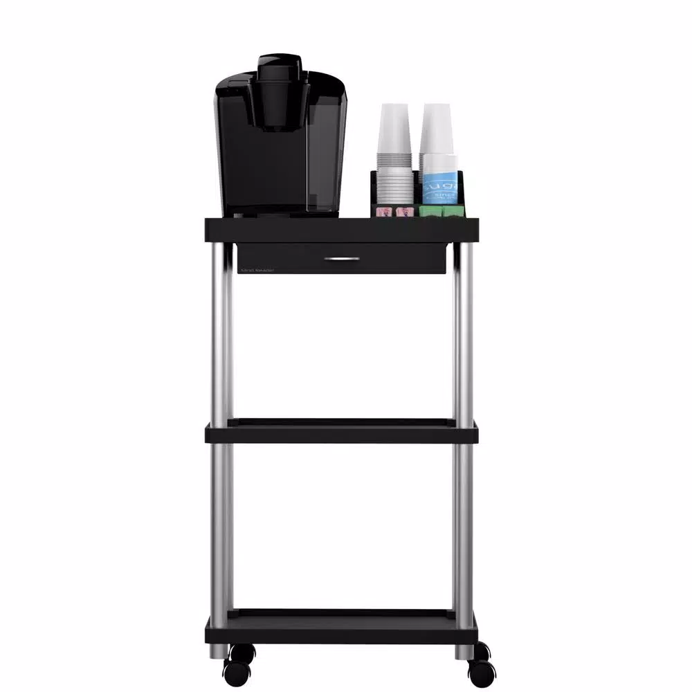 Mind Reader 3-Tier 7-Compartment Rolling Black Coffee Cart with Storage Drawer
