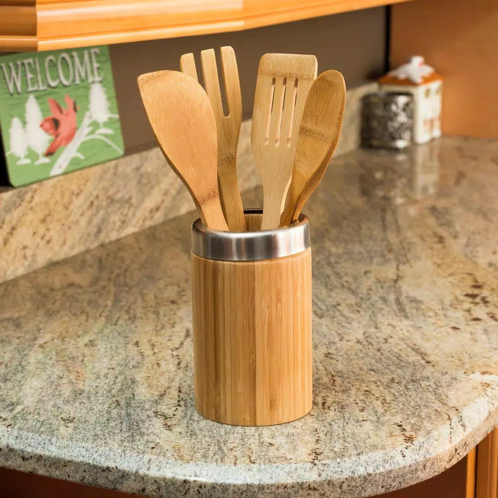 Home Basics 5-Piece Bamboo Kitchen Utensil Set with Vertical Standing Holder