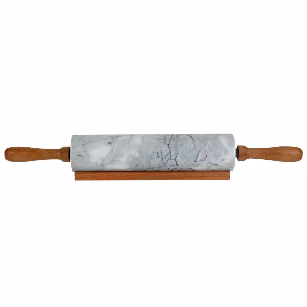 Unbranded White Marble Rolling Pin with Wooden Handles and Rolling Pin Rest
