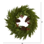 Nearly Natural 26 in. Artificial Cypress Wreath with Red Berries and Pine Cones thumbnail 2