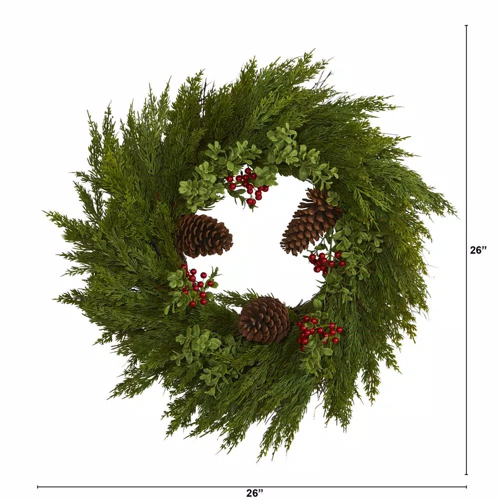 Nearly Natural 26 in. Artificial Cypress Wreath with Red Berries and Pine Cones