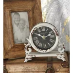 LITTON LANE 7 in. Iron Black and Vintage White Round Table Clocks with Scrollwork Base, Set of 2 thumbnail 1