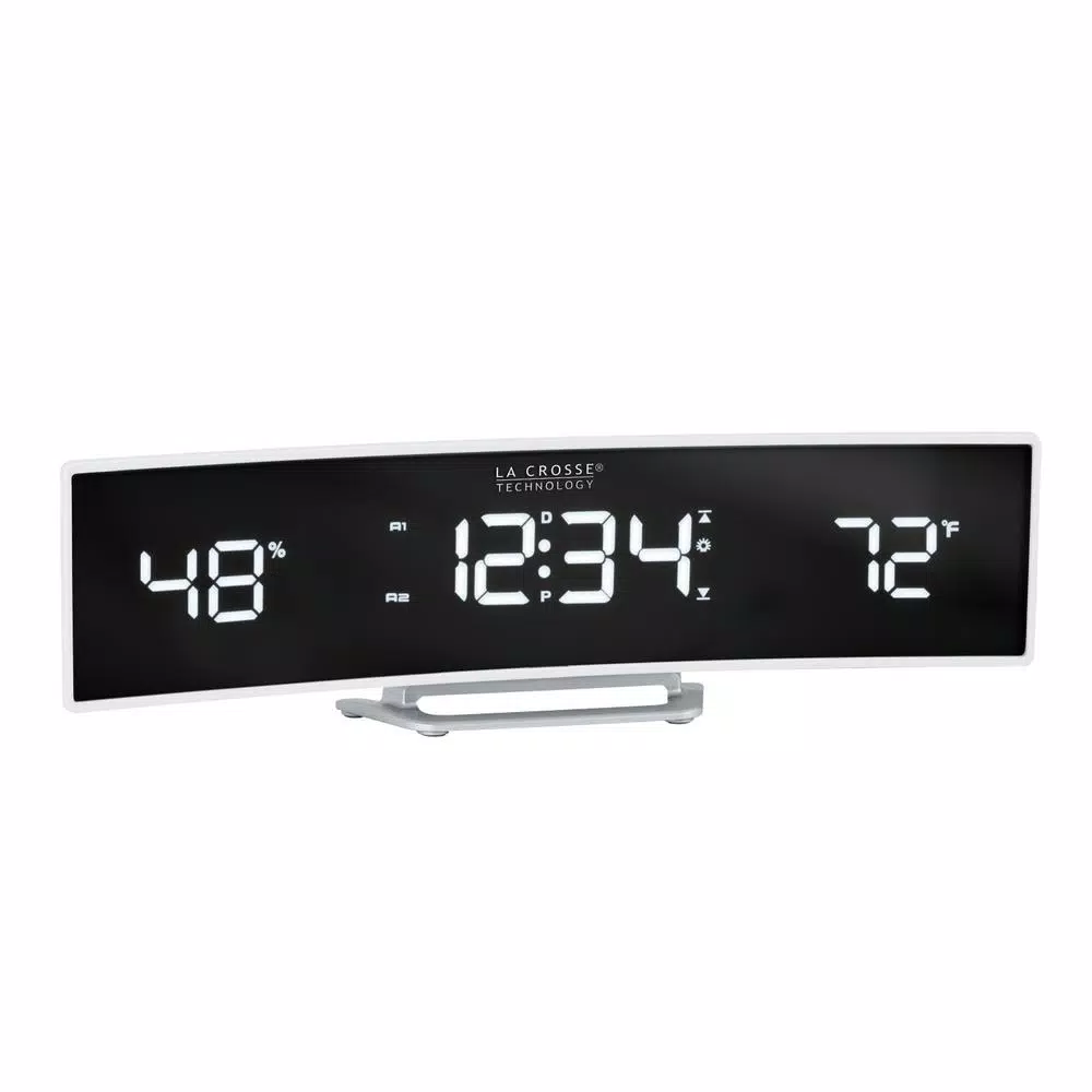 La Crosse Technology White Curved Digital Alarm Clock with Mirrored LED Display, Temperature, Humidity, and USB Charging Port