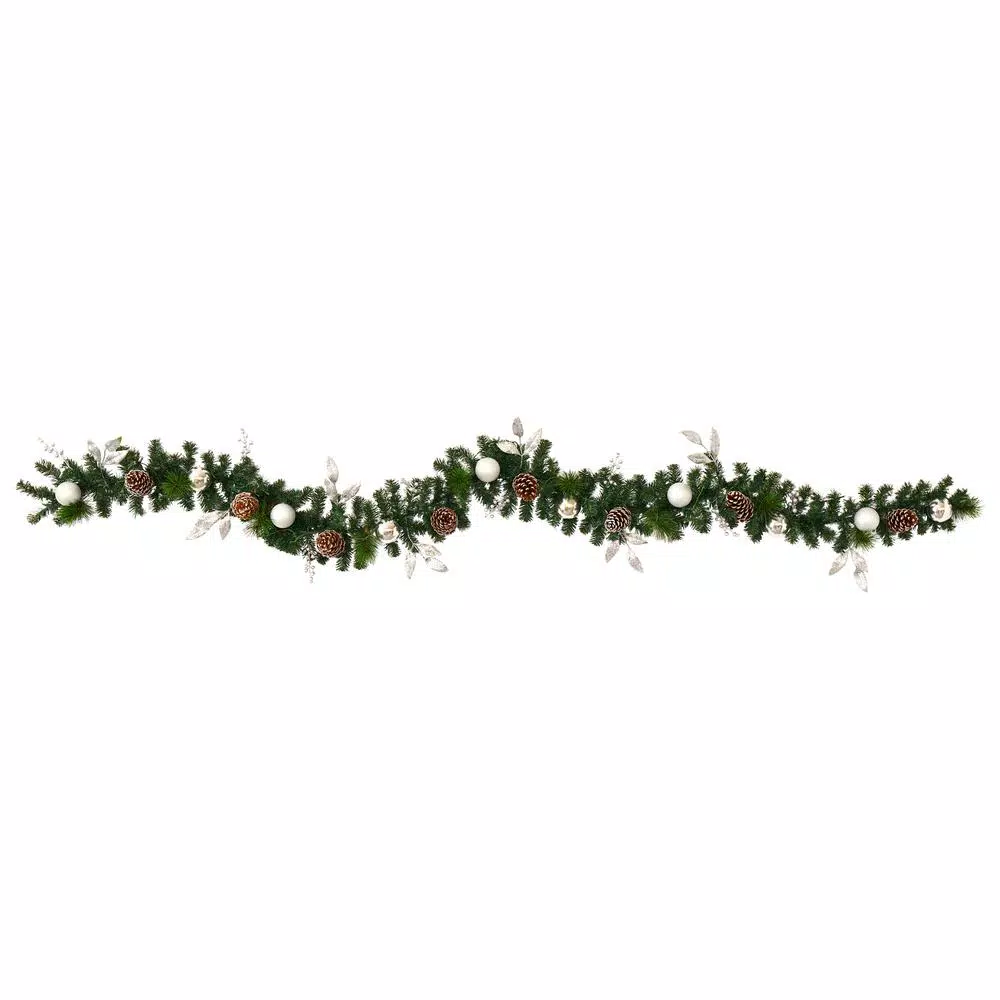 Nearly Natural 9 ft. Pre-lit Artificial Christmas Garland with Ornaments and Pinecones, 50 Clear LED Lights, Battery Operated