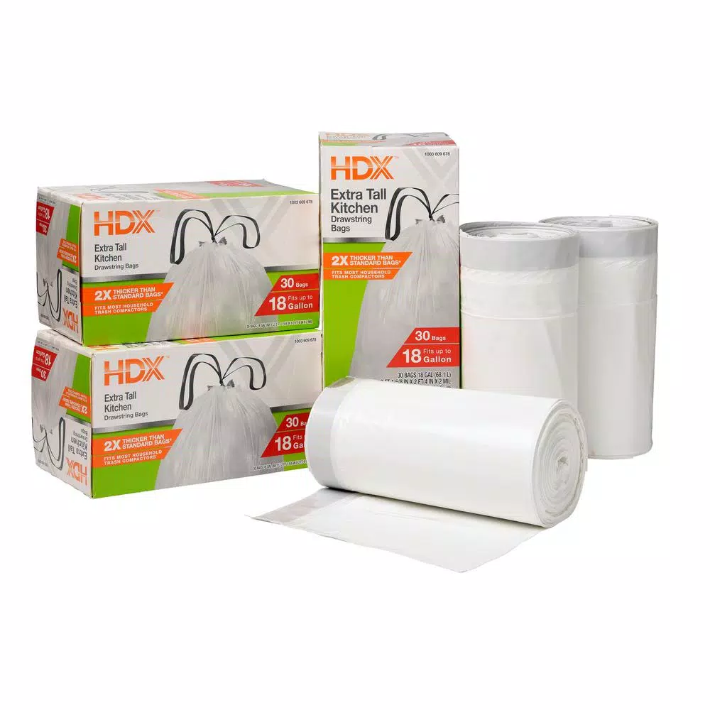 HDX 18 Gal. Kitchen and Compactor Drawstring Trash Bags, White, 90-Count