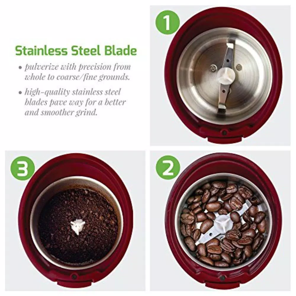 Ovente 2.5 oz. Electric Coffee Grinder, 150W Stainless Steel Blades, Maroon