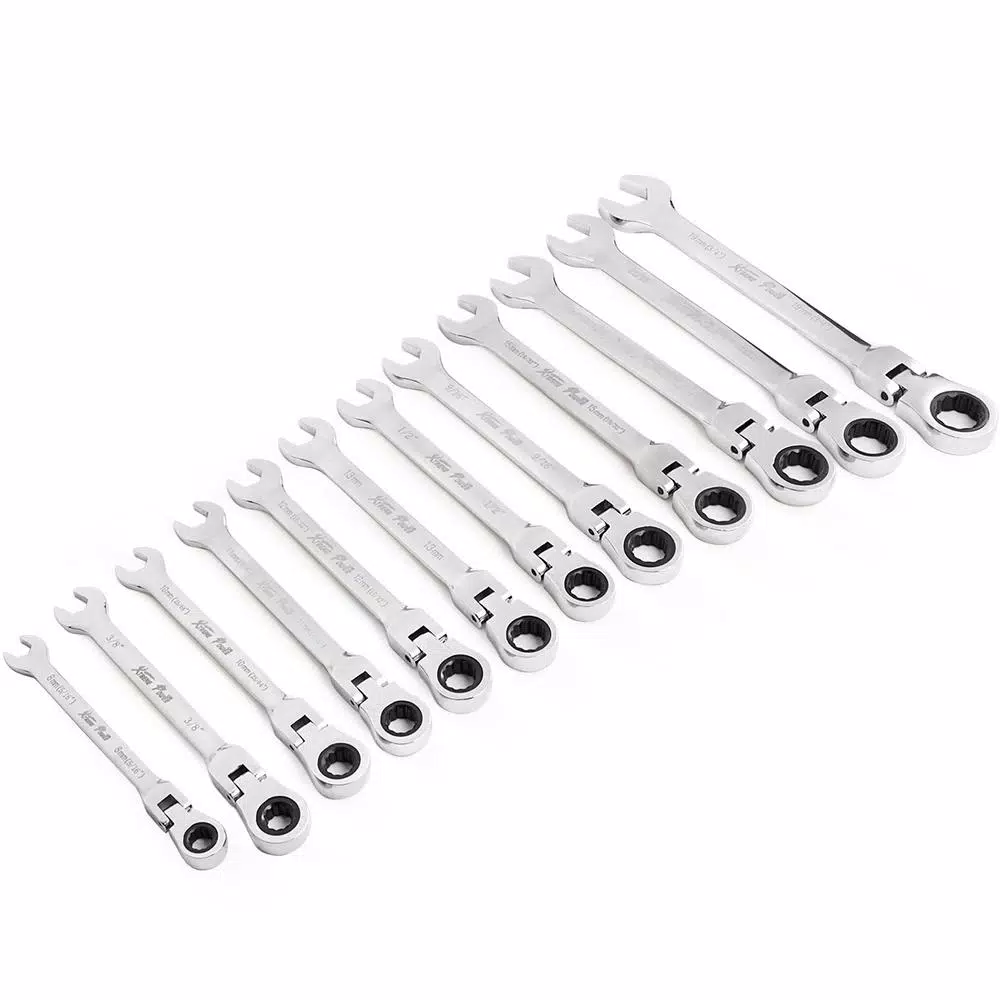 XtremepowerUS 12-Piece Flex-Head SAE and Metric Ratcheting Combination Wrench Set with Tool Pouch
