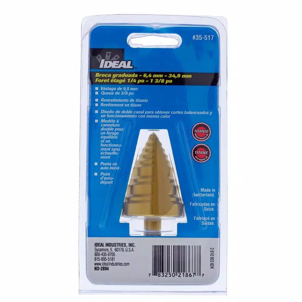 Ideal Titanium Nitride Coated Step Drill Bit, 1/4 in. to 1 3/8 in., 3/8 in. Shank