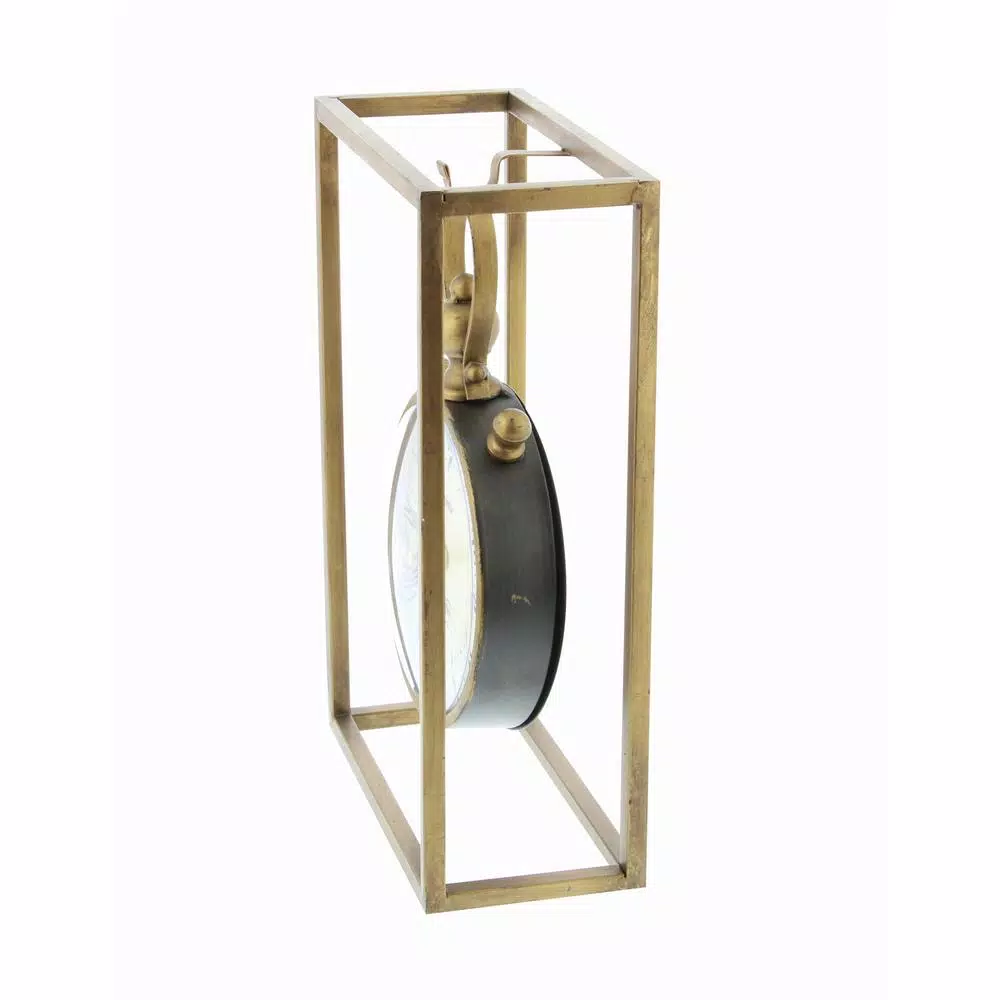 LITTON LANE 13 in. Round Iron Table Clock with Rectangular Metal Frame, Tarnished Bronze Finish