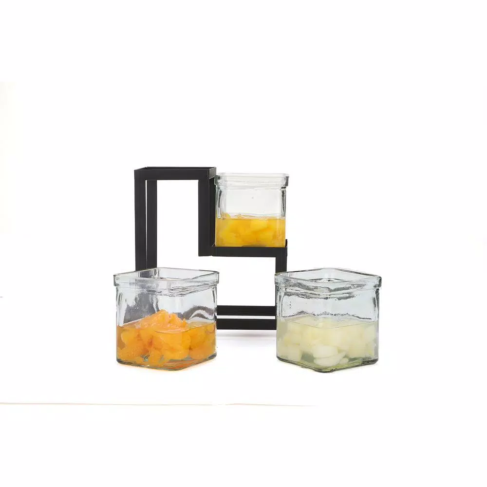 Mind Reader 3-Tier Black Metal Condiment Server with 3 Removable 8 oz. Glass Jars