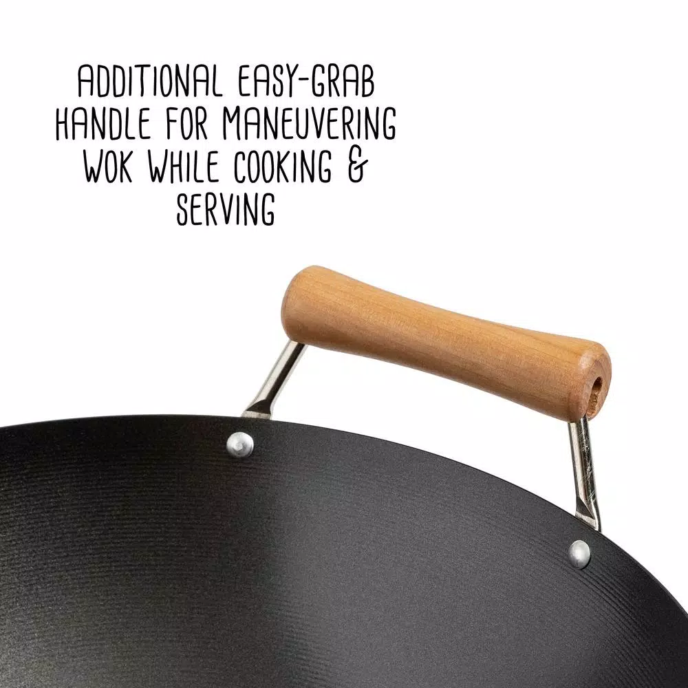 Honey-Can-Do Joyce Chen 4-Piece Carbon Steel Non-Stick Wok Set with High Dome Lid, Bamboo Spatula, and Recipe Booklet