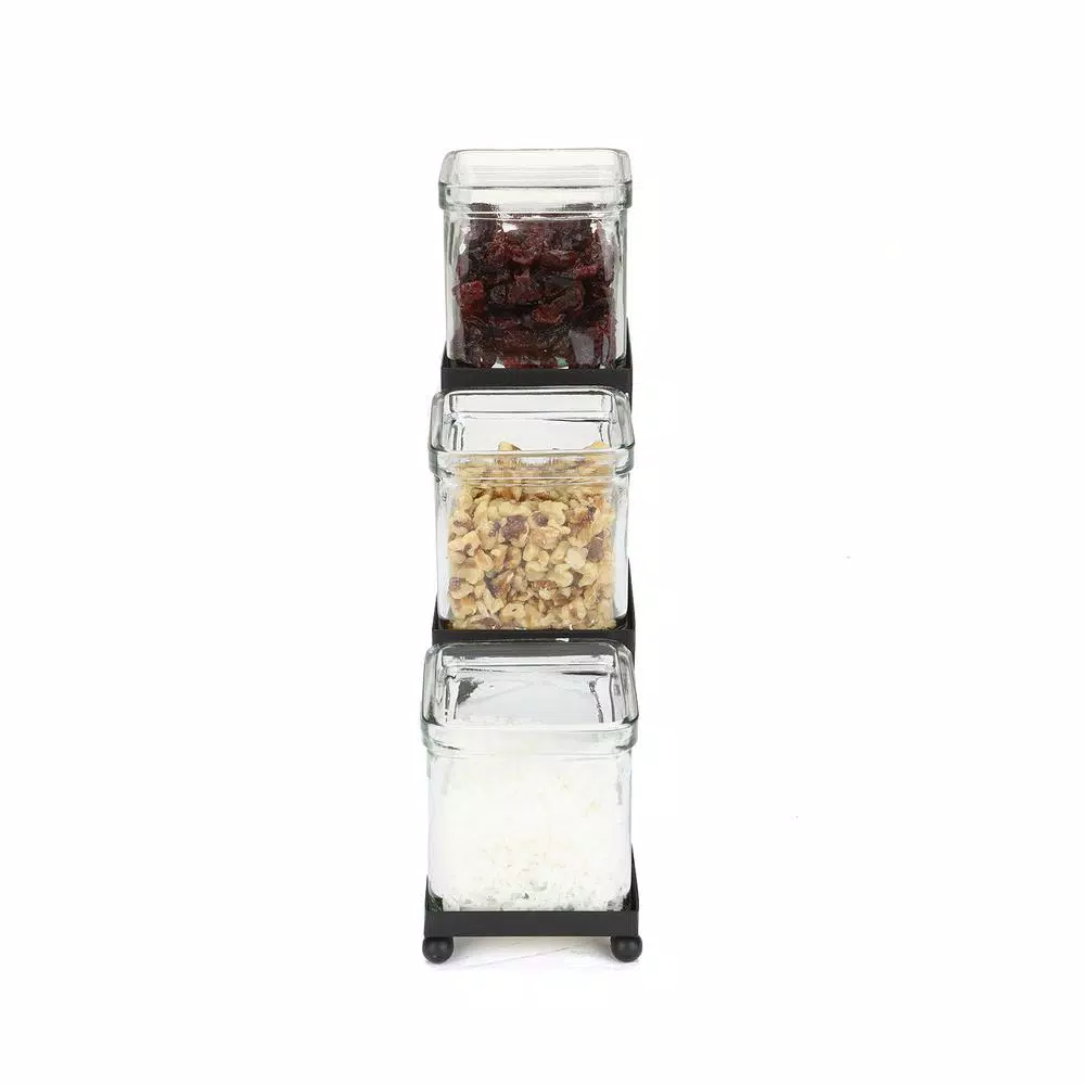 Mind Reader 3-Tier Black Metal Condiment Server with 3 Removable 8 oz. Glass Jars