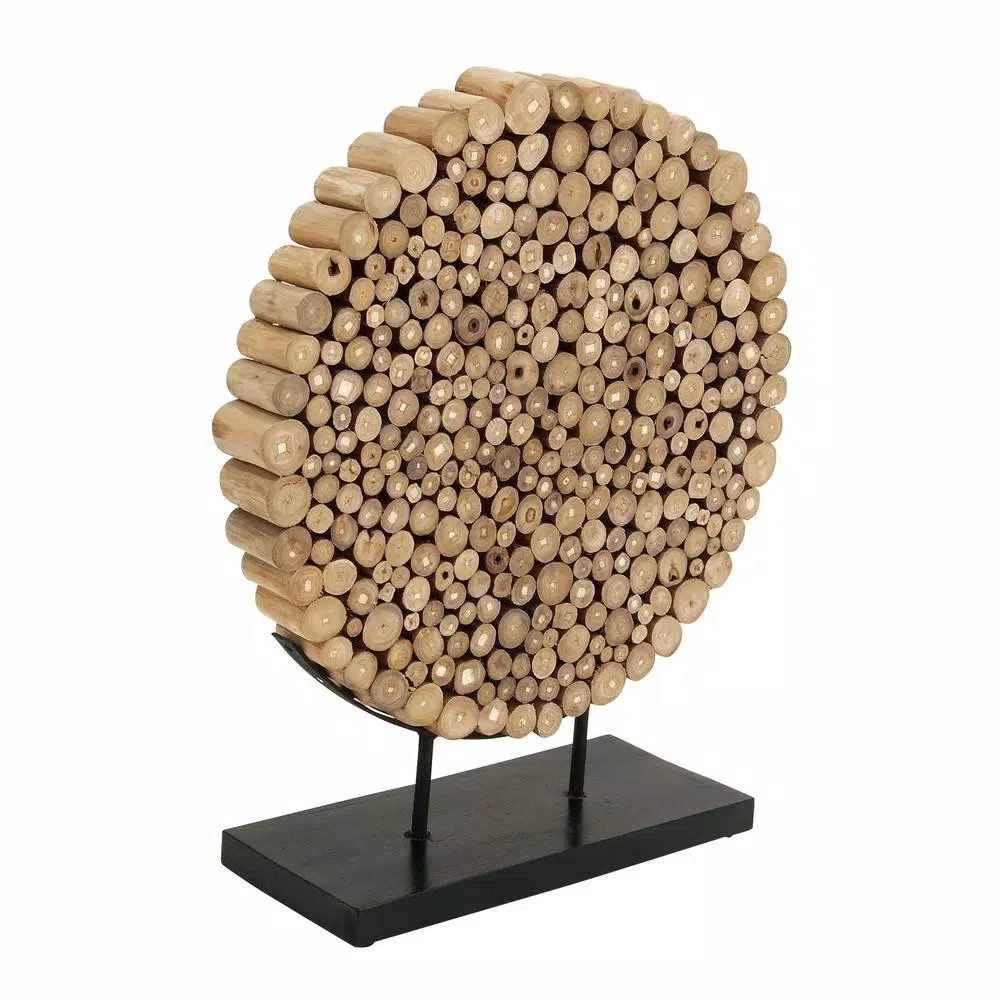 LITTON LANE Round Teak Wood Stump Sculpture - Rustic Organic Table Decor