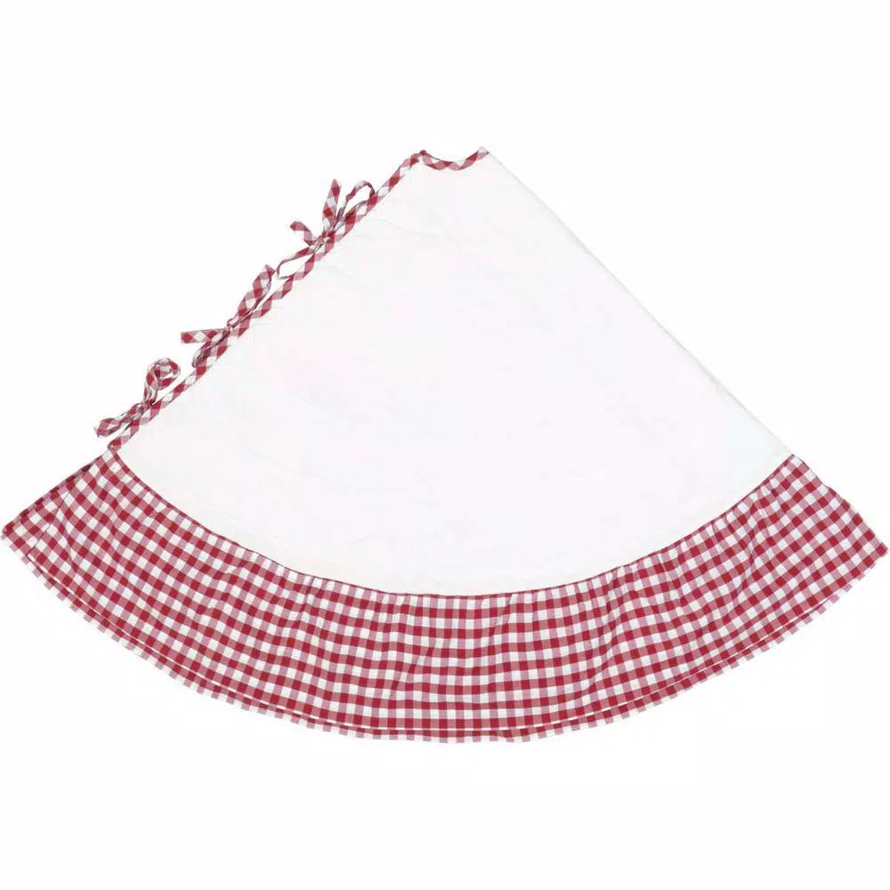 VHC Brands Emmie 60 in. Red Ruffled Patchwork Farmhouse Christmas Tree Skirt