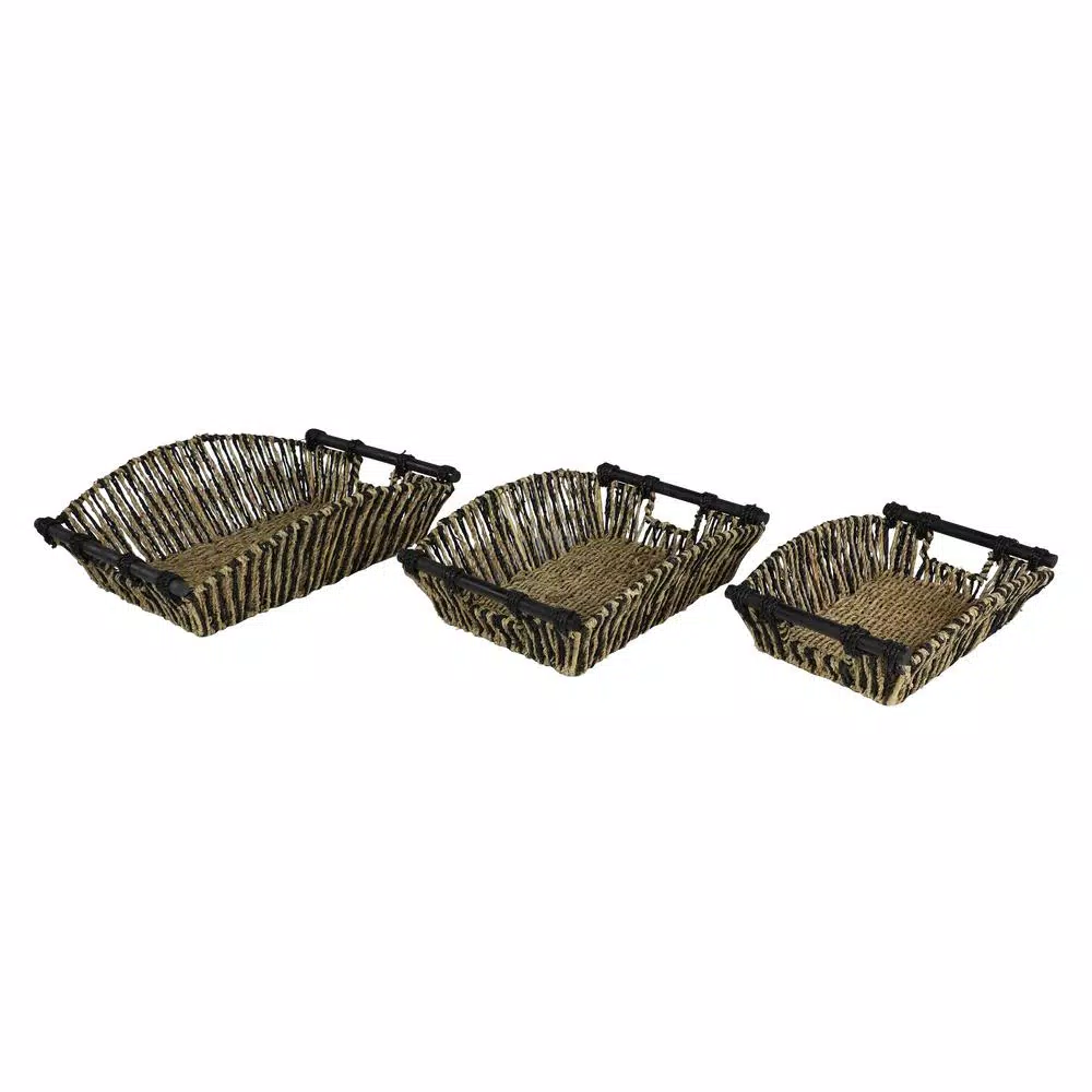 LITTON LANE Handmade Black and Natural Striped Palm Leaf and Seagrass Basket Tray Set of 3