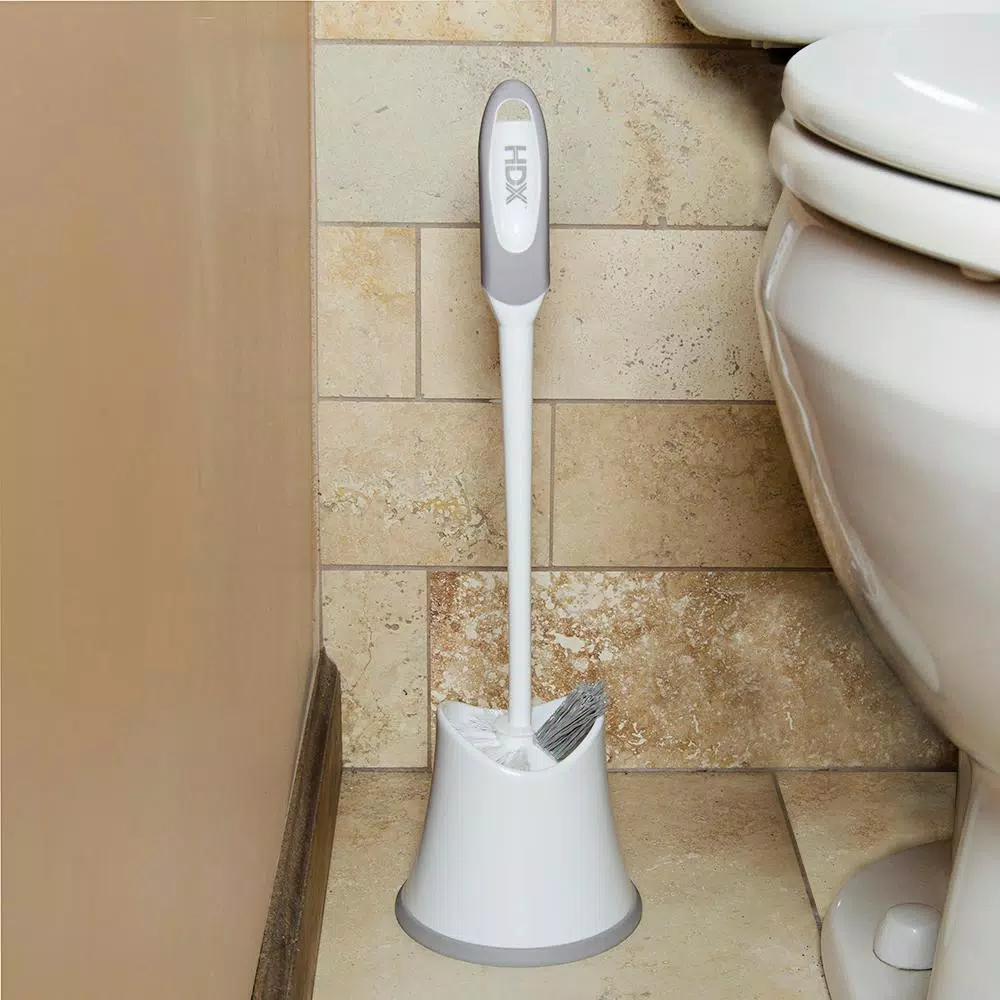 HDX 13.125 in. Polypropylene Toilet Bowl Brush and Holder Set, White/Gray