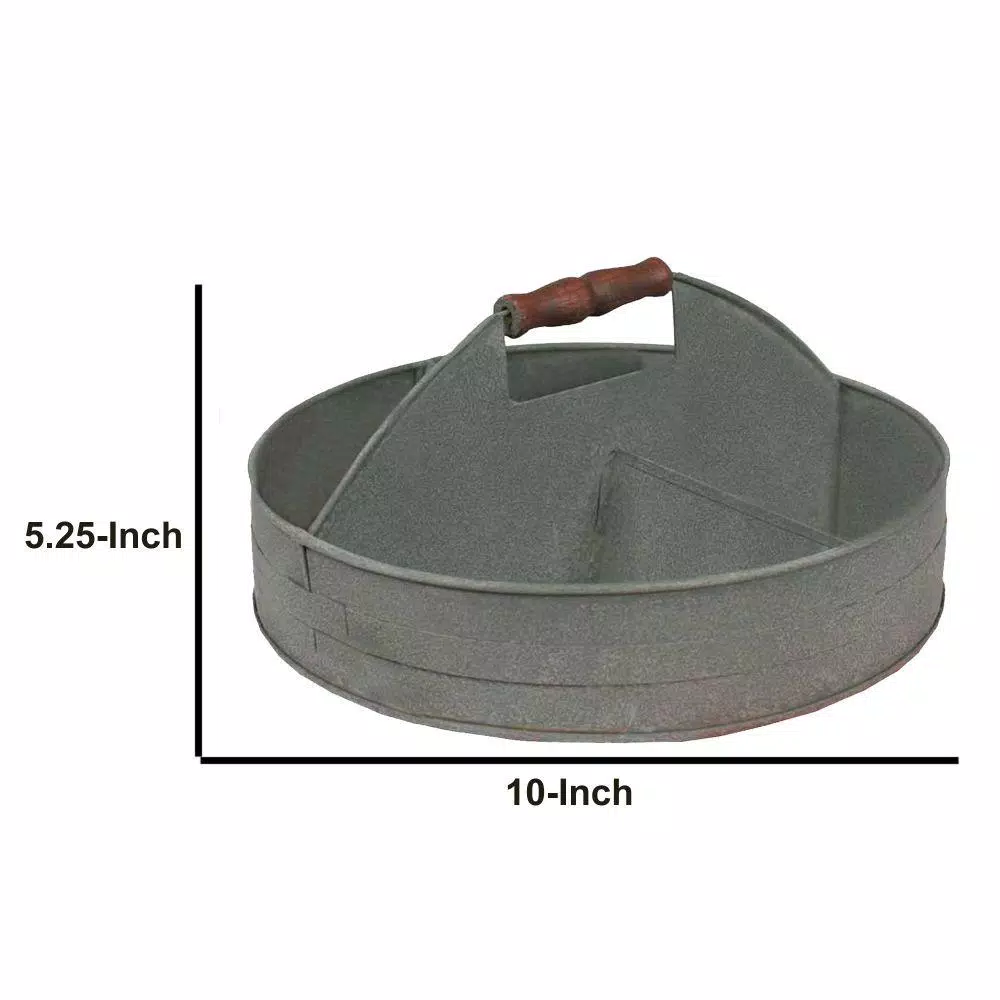 Benzara Round Galvanized Steel Divided Serving Tray with Wood Handles, Gray