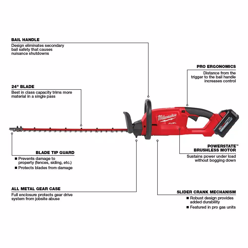 Milwaukee M18 FUEL 24 in. 18V Cordless Brushless Hedge Trimmer Kit with 8.0 Ah Battery and Rapid Charger
