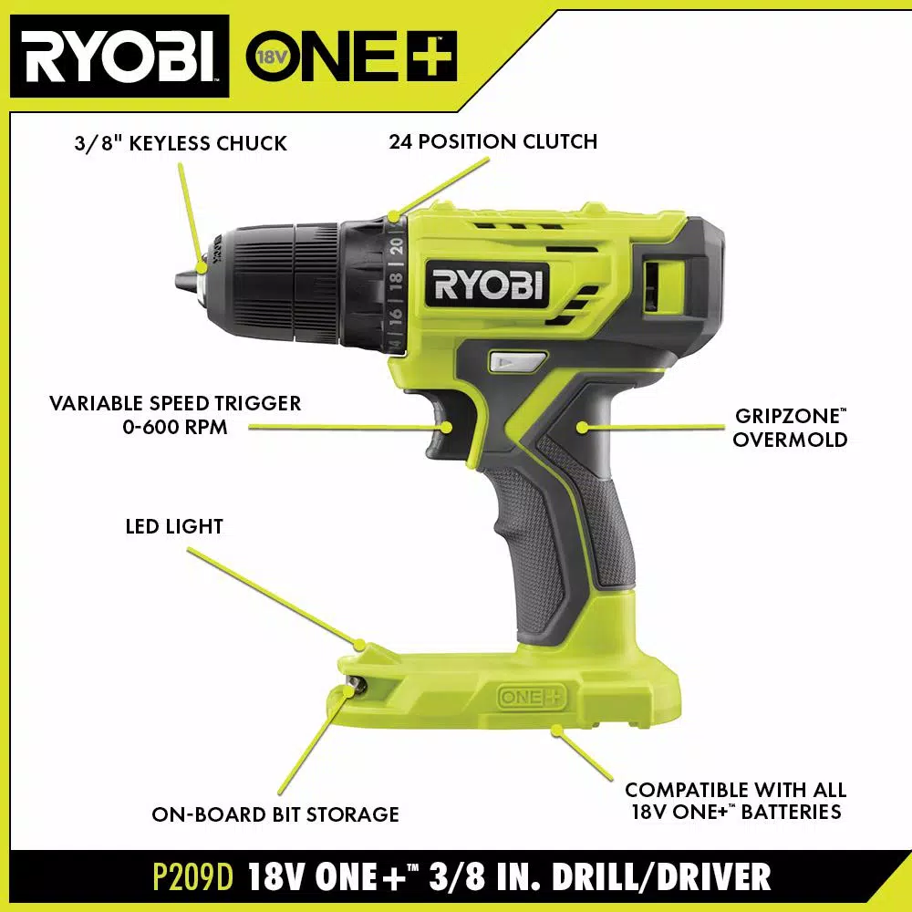 RYOBI 18V ONE+ 3/8 in. Cordless Drill/Driver Kit with 1.5 Ah Battery, Charger, and 31-Piece Black Oxide Bit Set