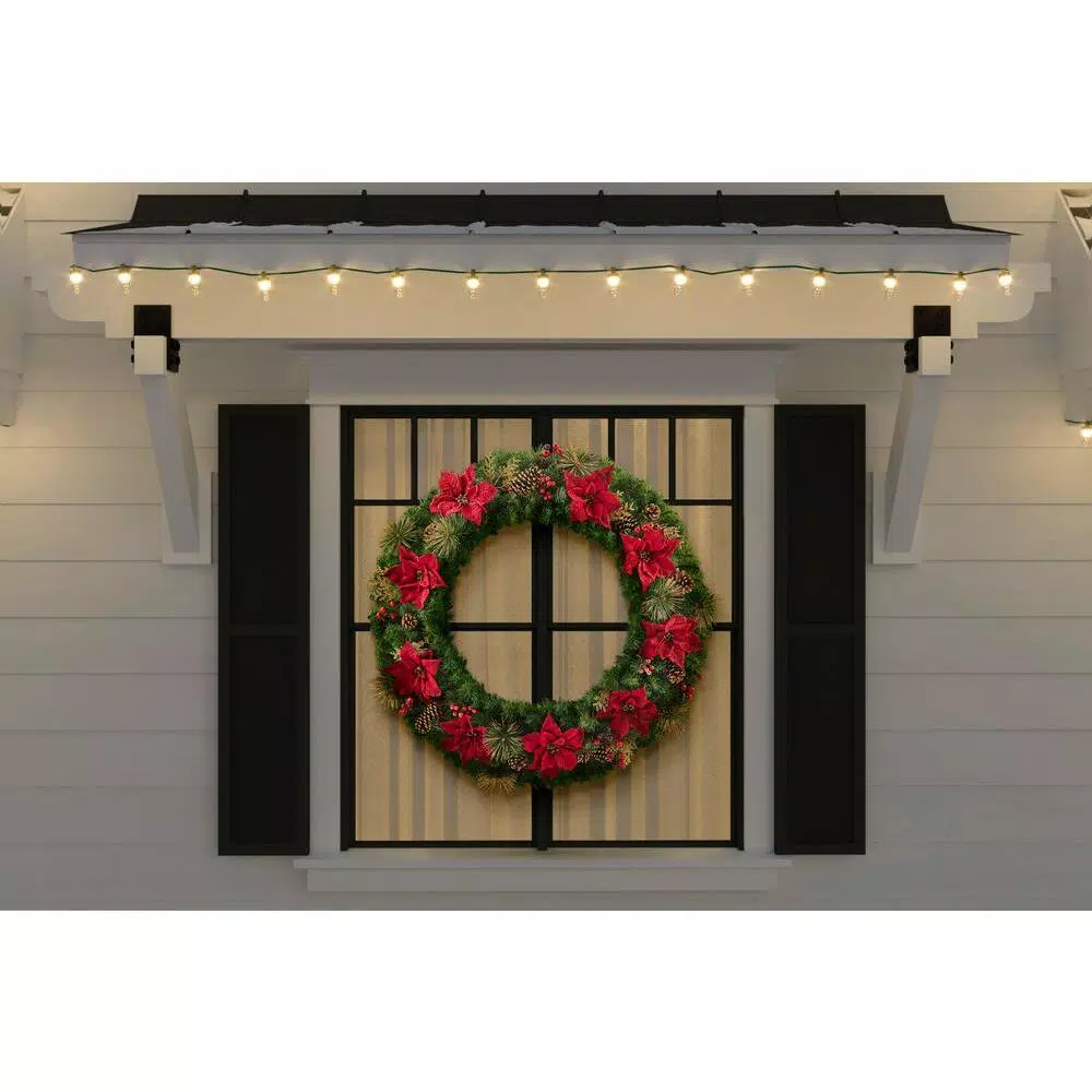 Home Accents Holiday Home Holiday Accents 48 in. Burgundy Poinsettia Mixed Pine Wreath with Berries and Gold Glitter Cedar