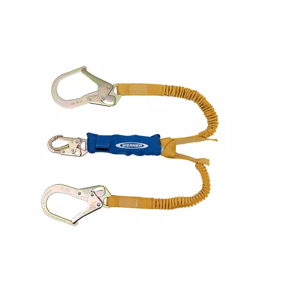 Werner DeCoil Stretch Twin Leg Lanyard with DCELL Shock Pack and Rebar Hooks, 6 ft.