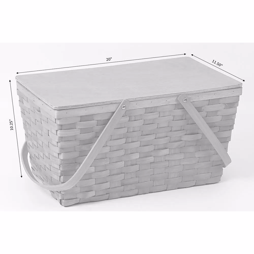 Vintiquewise Large Handwoven Woodchip Picnic Basket with Wooden Lid and White Lining