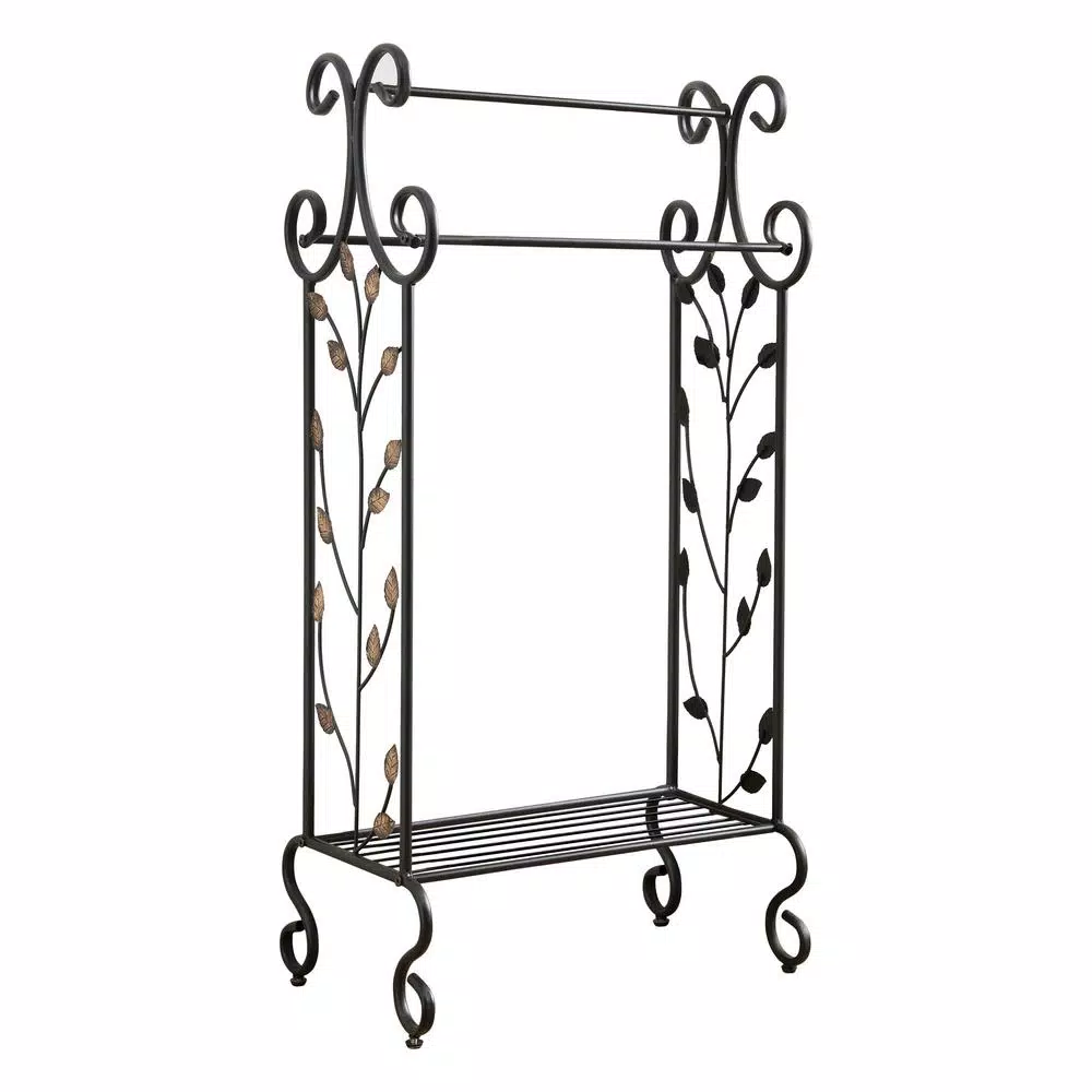 Kings Brand Furniture Black 3-Bar Freestanding Towel Rack with Gold Leaf Accents and Storage Shelf