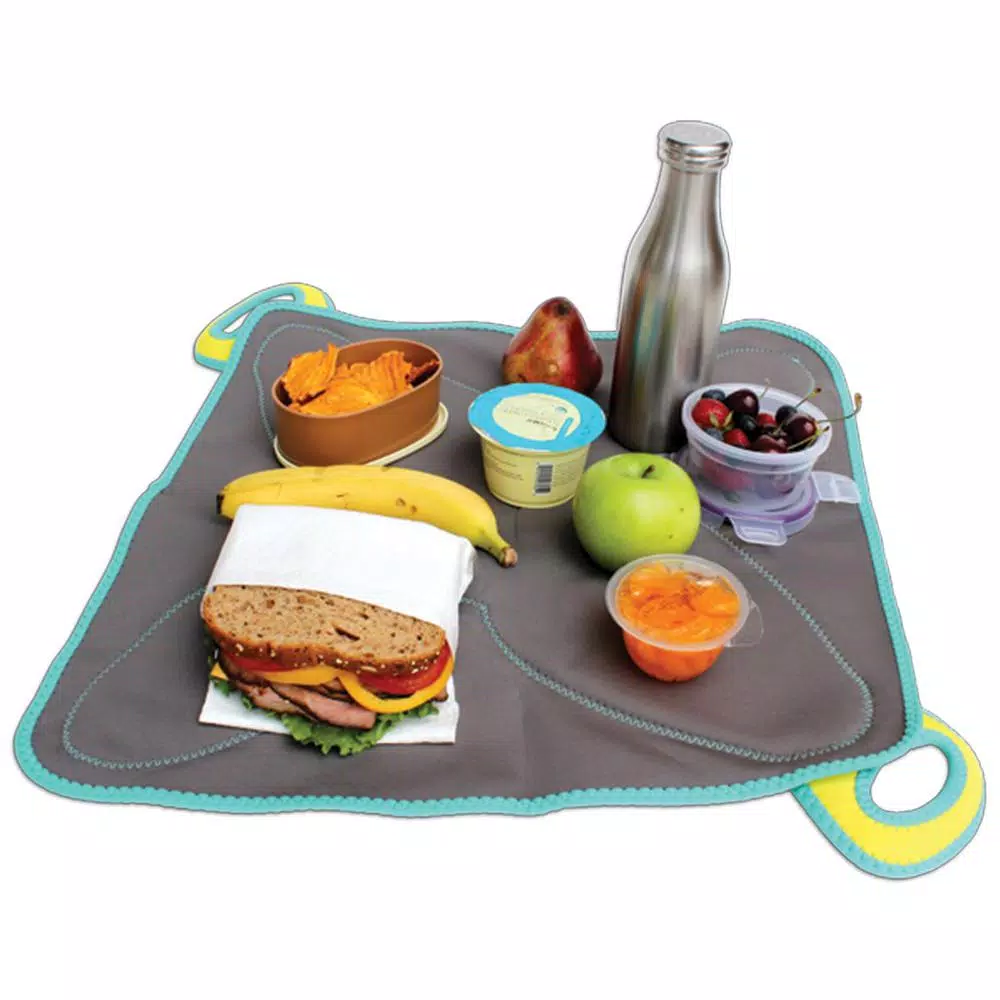FLATBOX Drinx Neoprene Lunch Bag and Placemat Set - Light Gray, Turquoise and Yellow