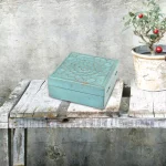 Stonebriar Collection 6 in. Weathered Sky Blue Wooden Trinket Box with Hinged Lid and Carved Floral Design thumbnail 1
