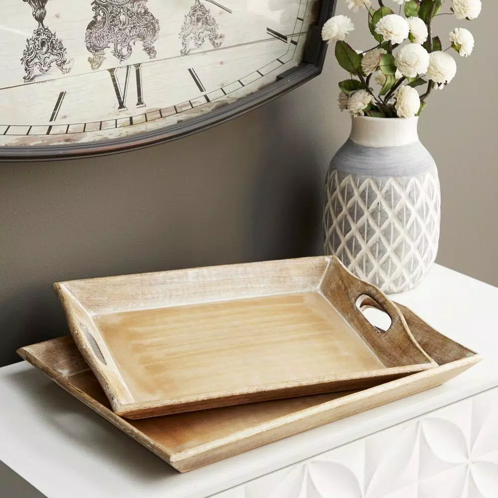LITTON LANE Distressed Brown Decorative Wooden Trays, Set of 2, Mango Wood & MDF