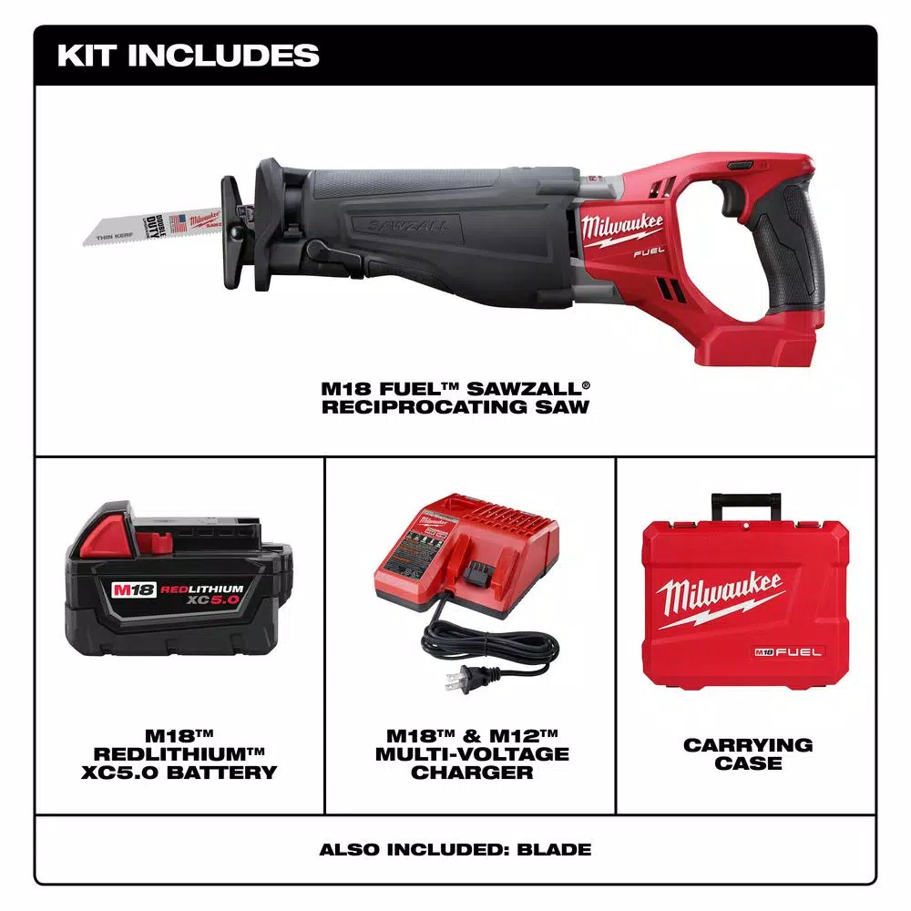 Milwaukee M18 FUEL 18V Brushless Cordless Reciprocating Saw Kit with 5.0Ah Battery, Charger, and Case