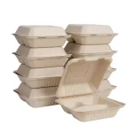 Unbranded 8 in. Natural Sugarcane 3-Compartment Sectional Clamshell Containers, 300 Pack thumbnail 1