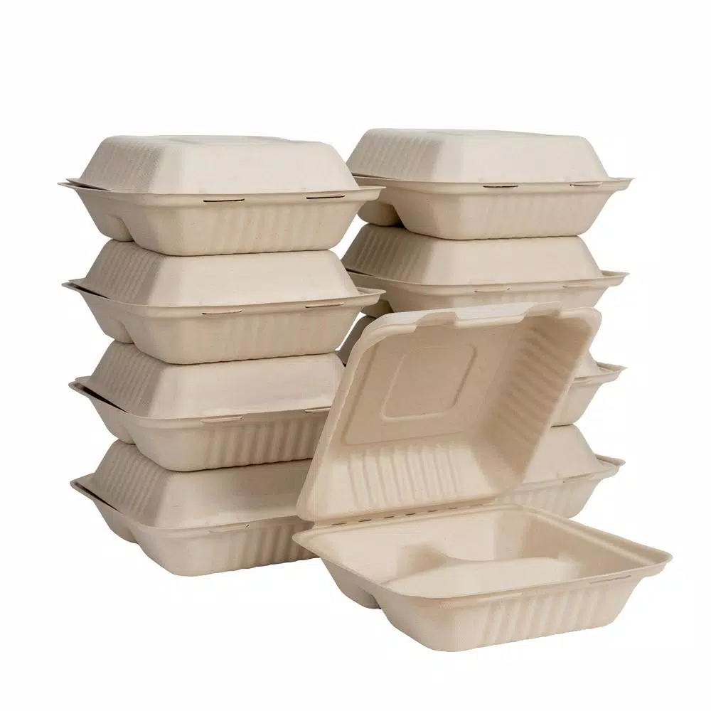 Unbranded 8 in. Natural Sugarcane 3-Compartment Sectional Clamshell Containers, 300 Pack