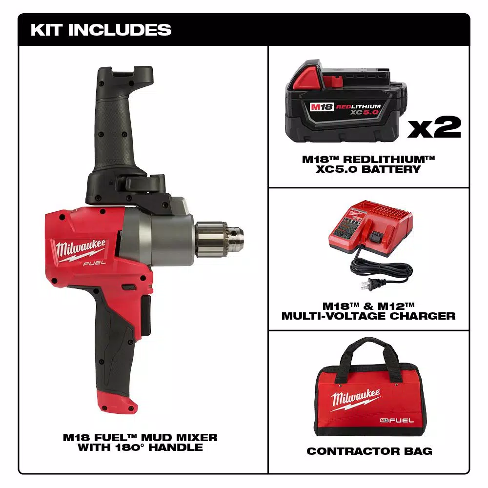 Milwaukee M18 FUEL 1/2 in. Cordless Mud Mixer Kit with (2) 5.0 Ah Batteries, Charger & Tool Bag
