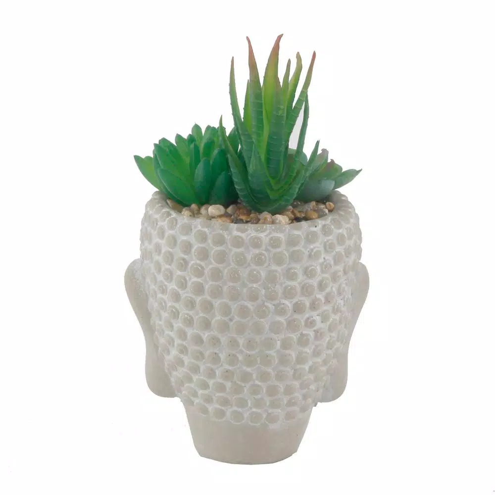 Flora Bunda 8 in. Faux Succulent Mix in Cement Buddha Planter