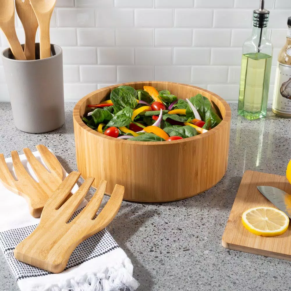 Classic Cuisine 10.25 in. Round Bamboo Salad Bowl Set with Two Utensils