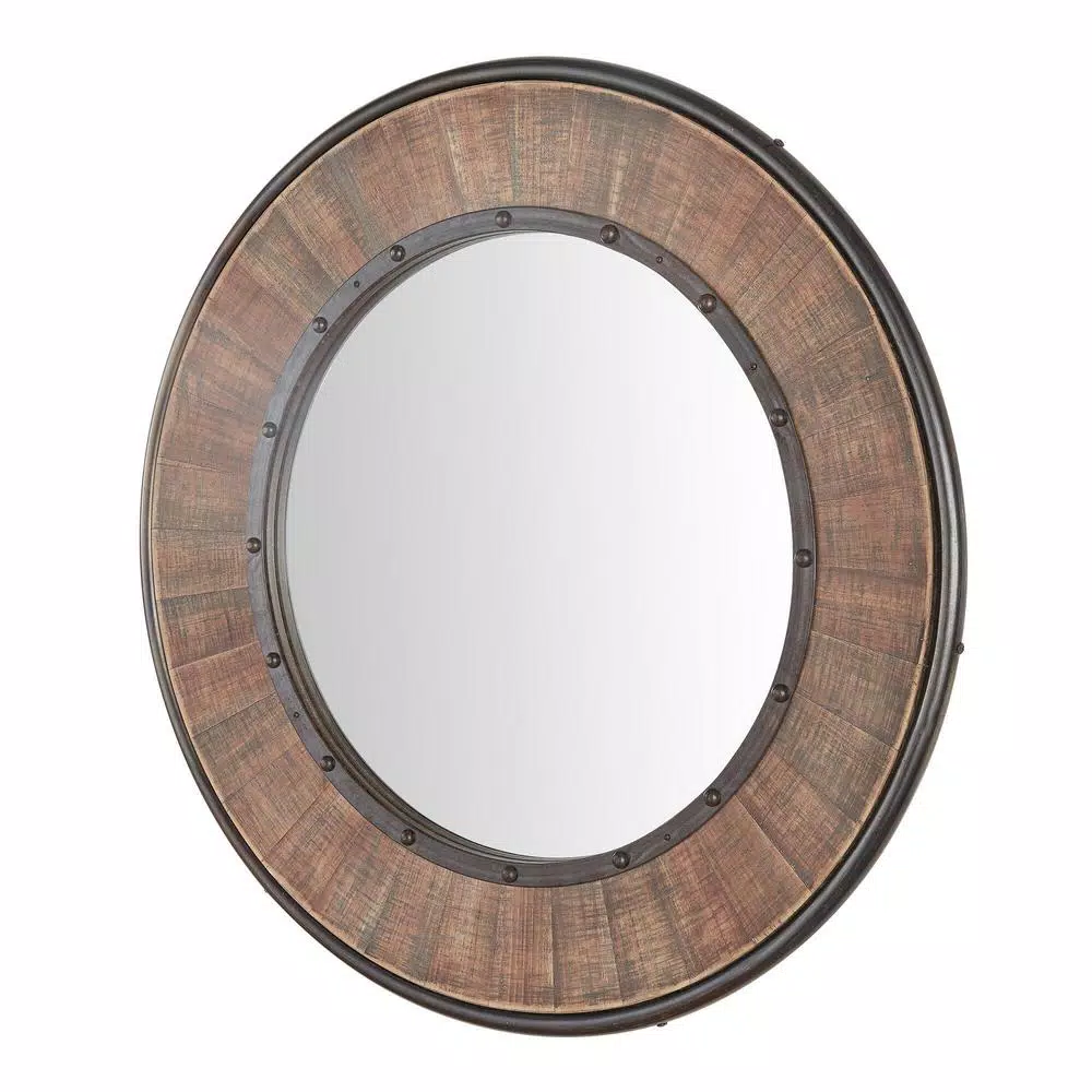 Home Decorators Collection 31 in. Round Farmhouse Accent Mirror with Distressed Wood Finish