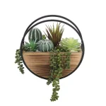 Flora Bunda 11 in. Round Wood and Metal Faux Succulent Wall Hanging Planter thumbnail 1