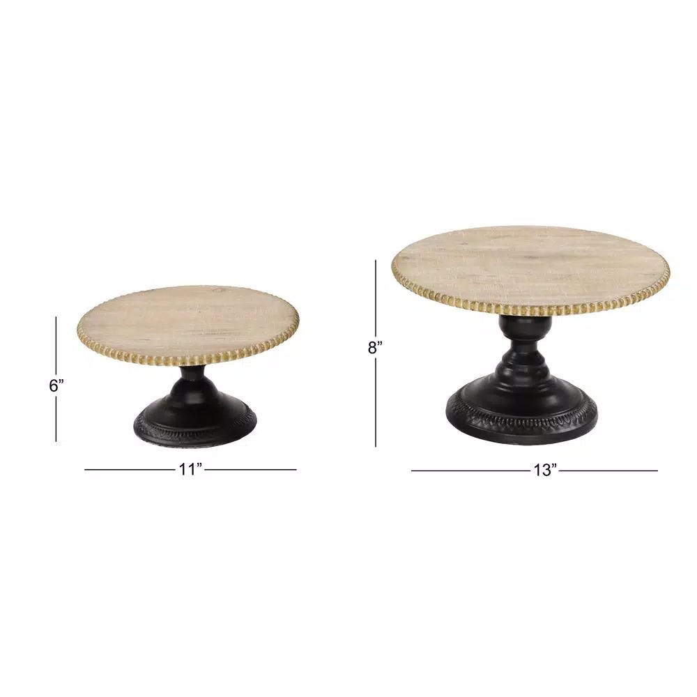 LITTON LANE Natural Beige Chinese Fir Wood and Black Iron Round Decorative Tray Stands Set of 2