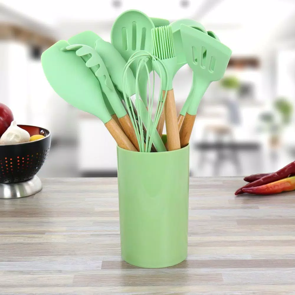 MegaChef 12-Piece Mint Green Silicone and Wood Kitchen Utensil Set