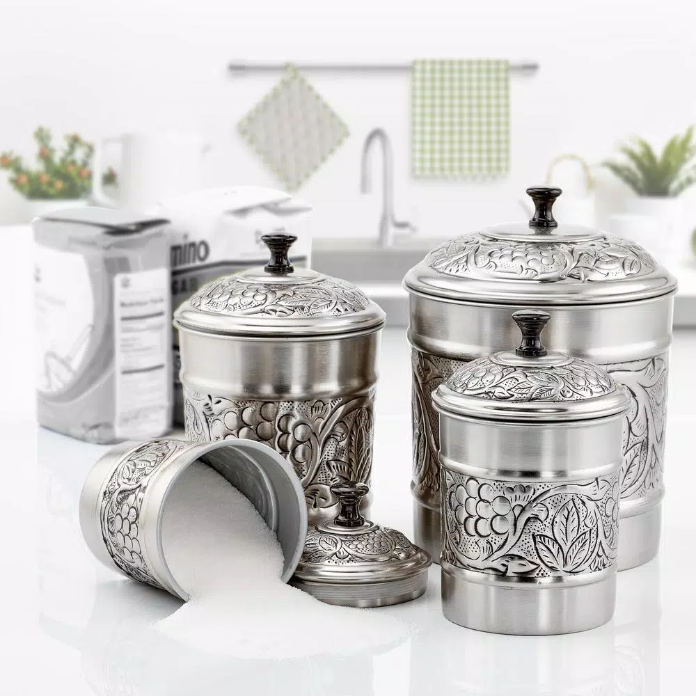 Old Dutch Heritage 4-Piece Antique Pewter Embossed Canister Set, Stainless Steel
