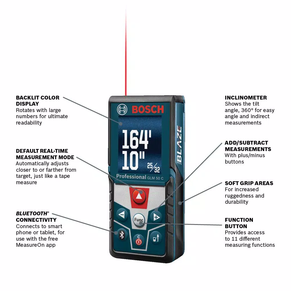 Bosch GLM 50 CX Laser Distance Measurer with Bluetooth and Color Display, 165 ft.