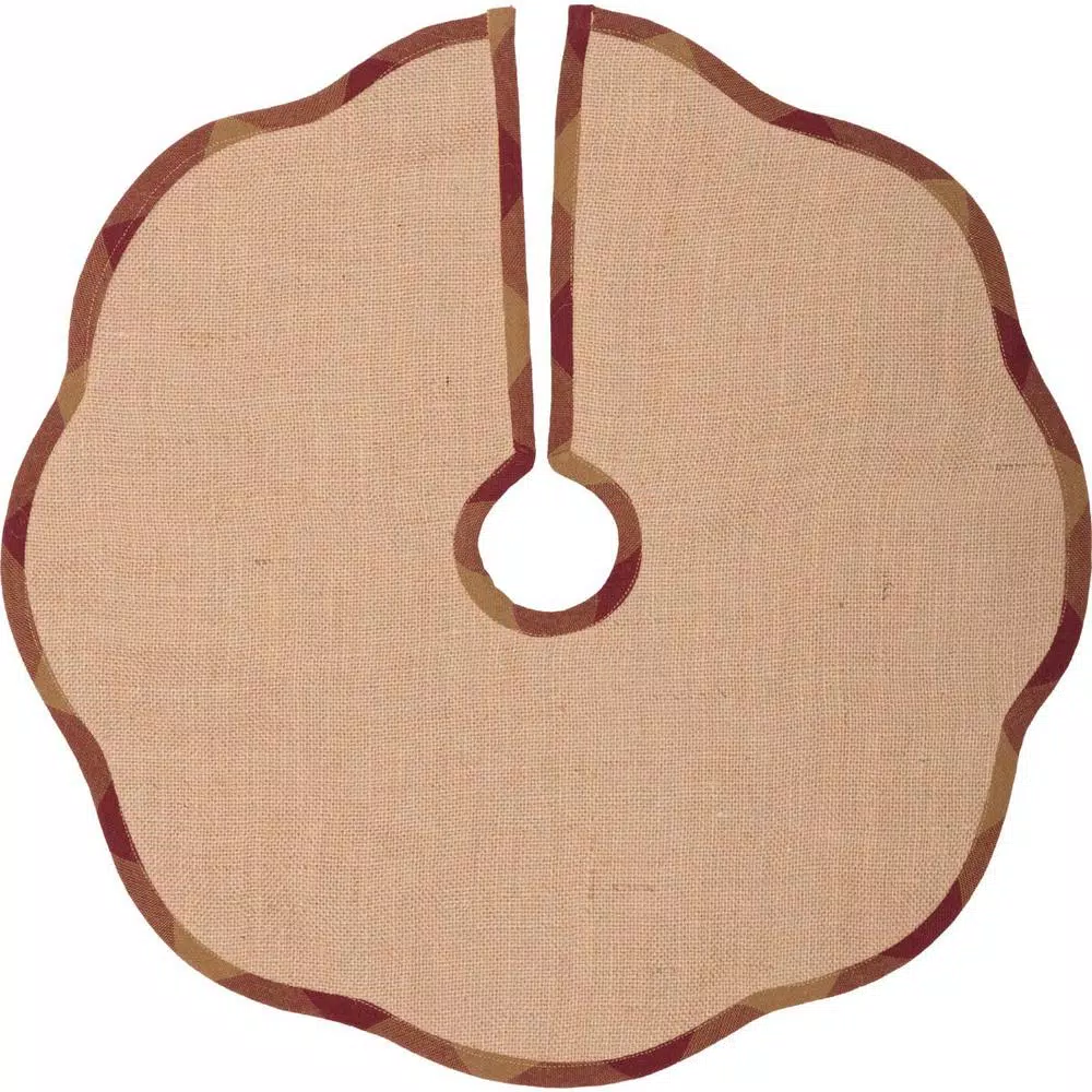 VHC Brands 21 in. Burgundy Check Red Primitive Christmas Tree Skirt with Scalloped Edge