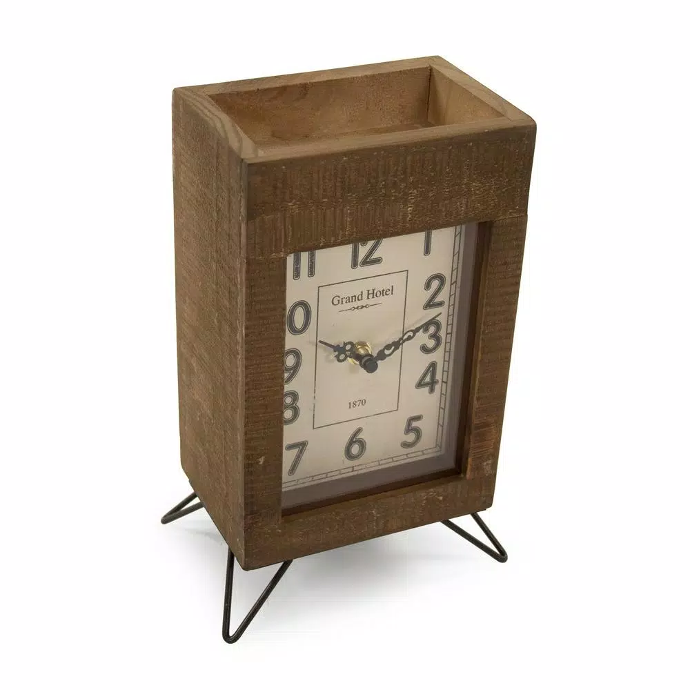 Zentique Rustic Wooden Rectangular Desk Clock with Metal Legs and Antiqued Face