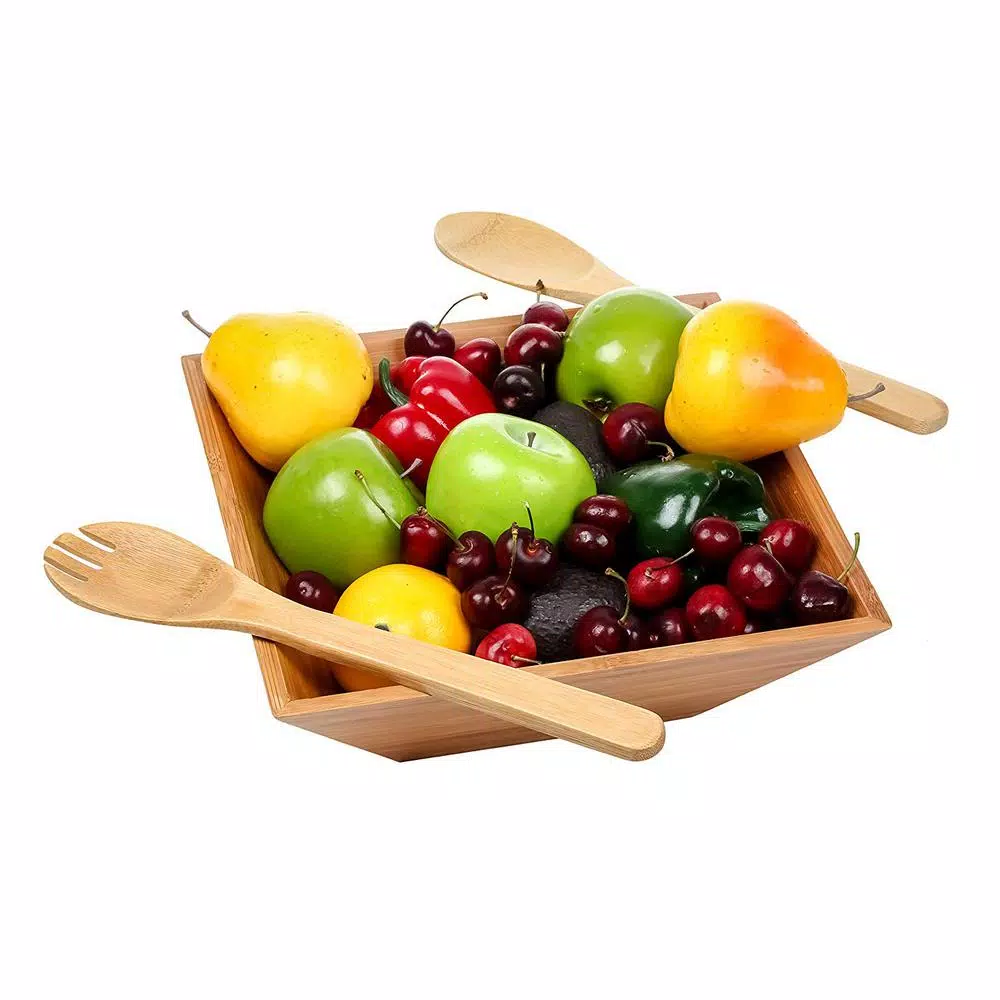 Heim Concept 4-Piece Bamboo Serving Bowl Set with Square Salad Bowls and Serving Hands