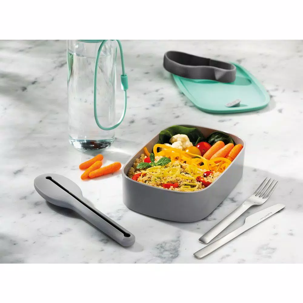 BergHOFF Leo Lunch Set with Bento Box, 40oz Water Bottle, and 3-Piece Stainless Steel Flatware - Gray and Mint