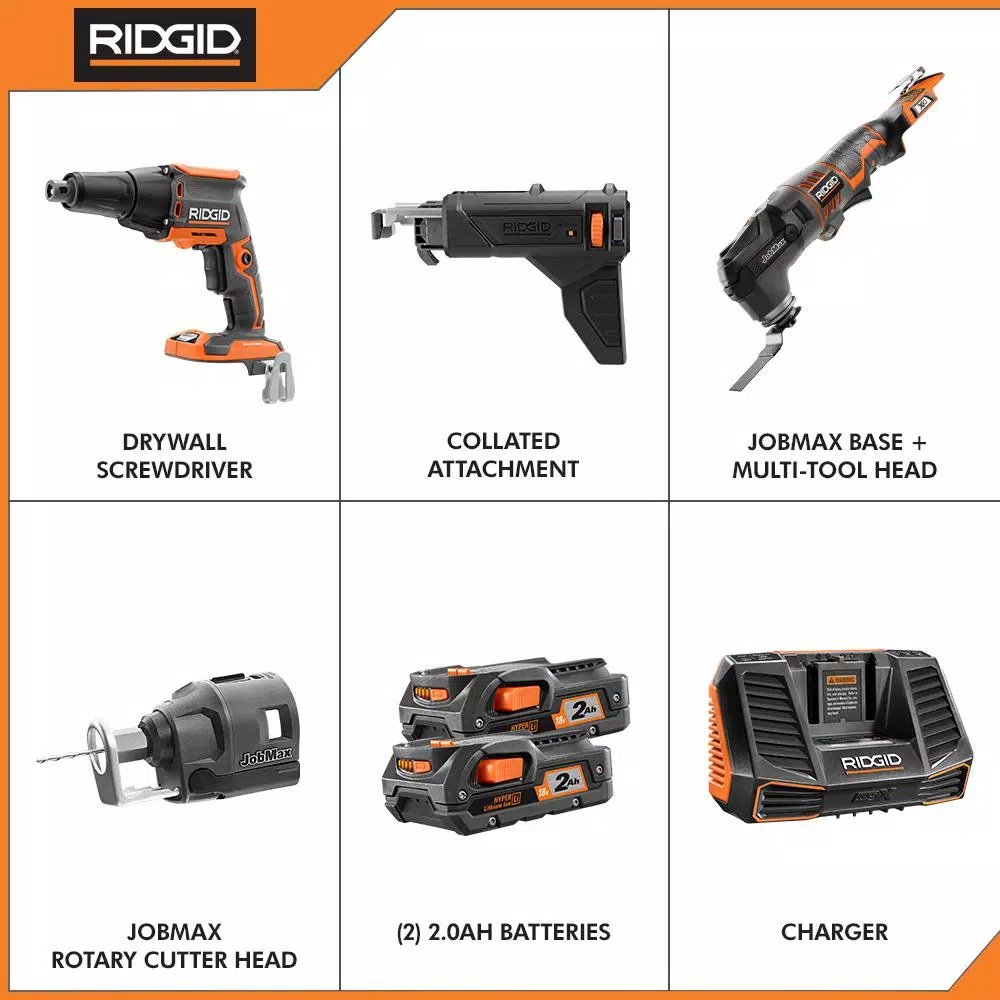 RIDGID 18V Brushless Cordless Drywall Screwdriver and JobMax Multi-Tool Combo Kit with (2) 2.0 Ah Batteries