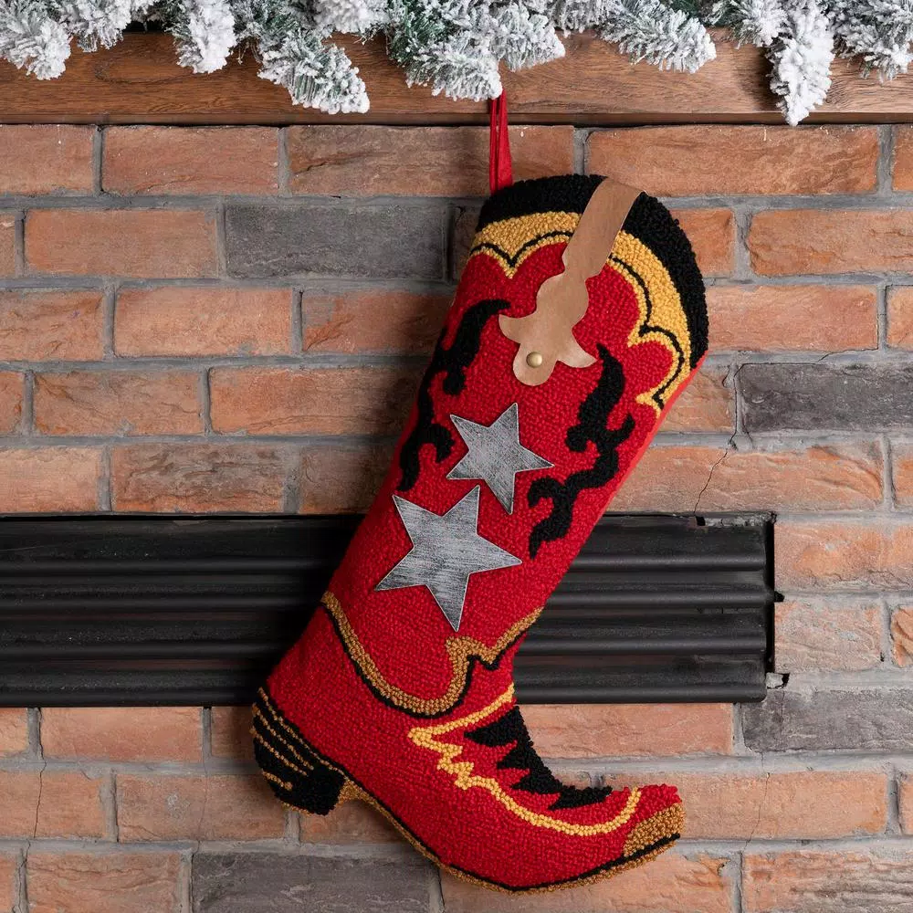Glitzhome Red Cowboy Boot Christmas Stocking with Decorative Stars and Strap Detailing