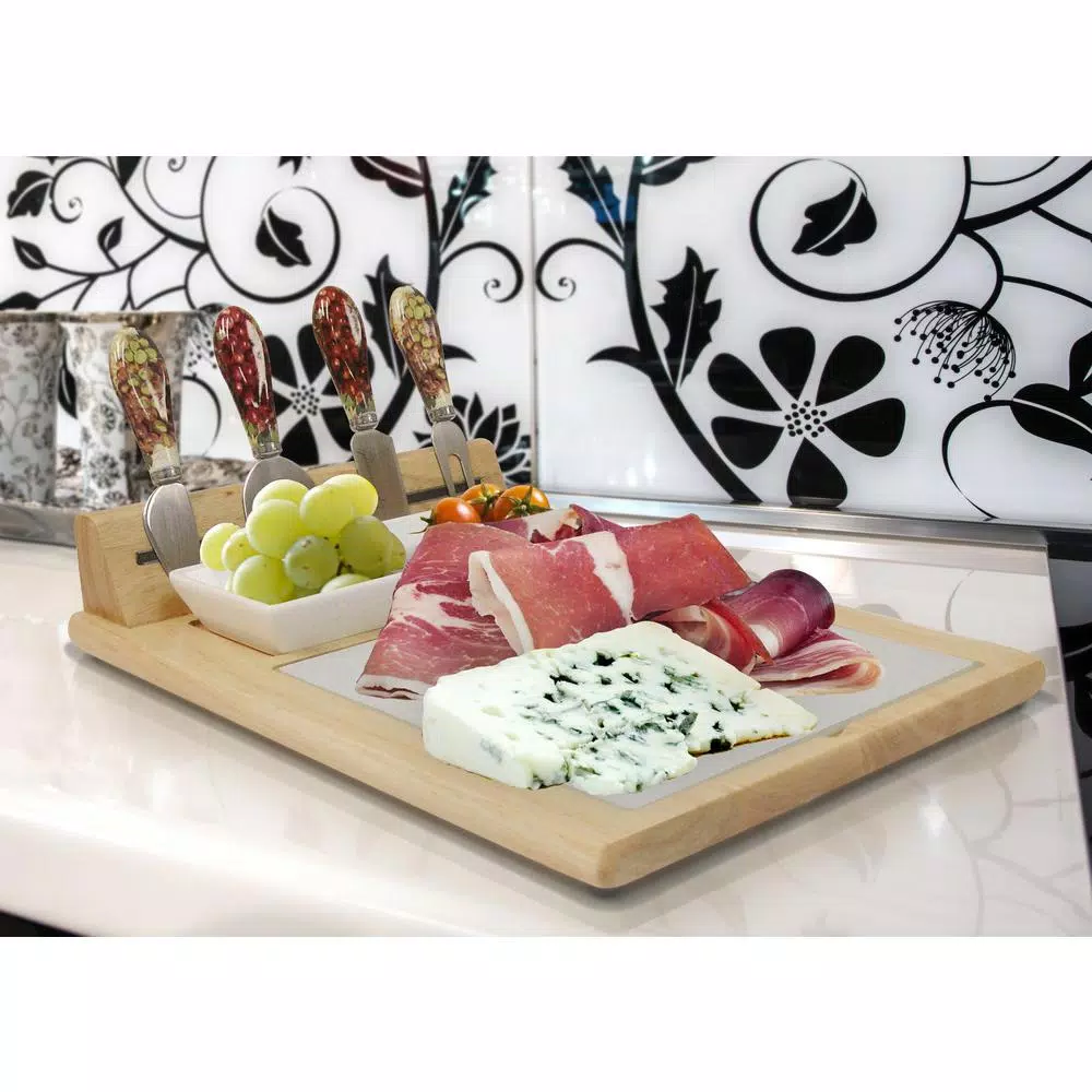 Epicureanist Sonoma Cheese Tray Serving Set with Bamboo Board, Glass Center, and Ceramic Dish